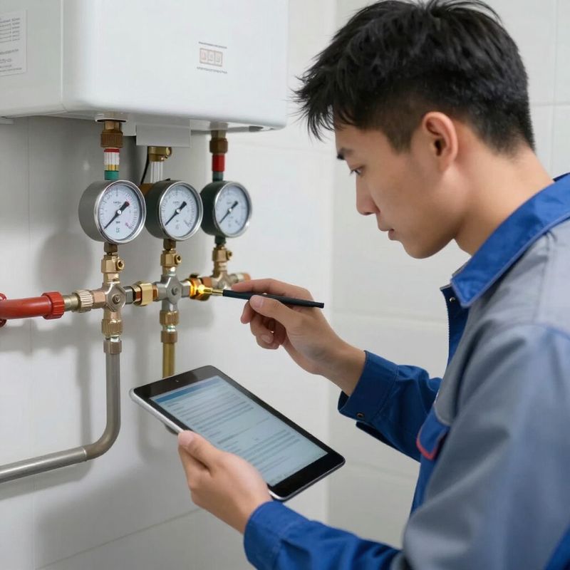 Plumber inspecting a water heater with a tablet